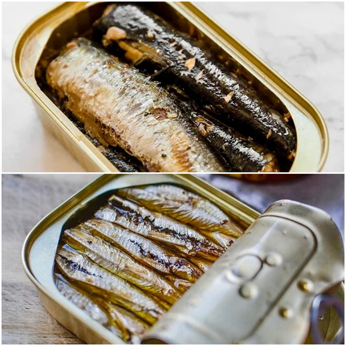 Comparison of two opened tins: Portuguese sardines with firmer, darker fillets on top, and smaller, lighter-colored sprats packed tightly below