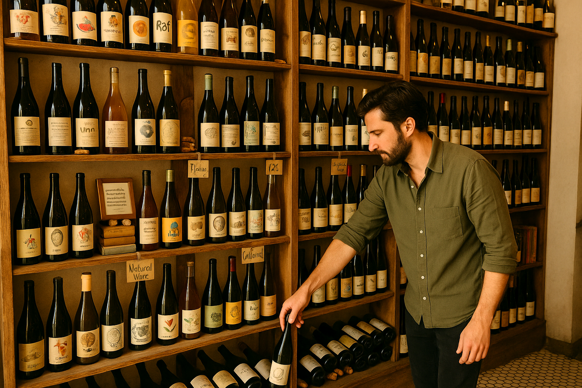 Man selecting a bottle of wine from wooden shelves in a wine shop