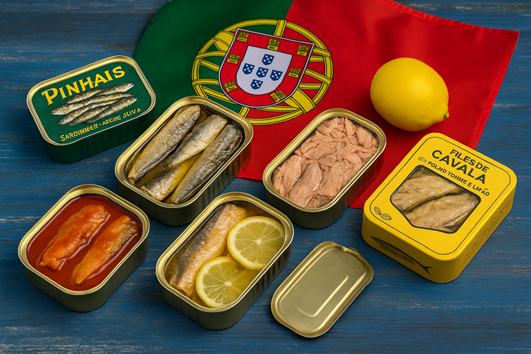 Traditional Portuguese canned fish including sardines